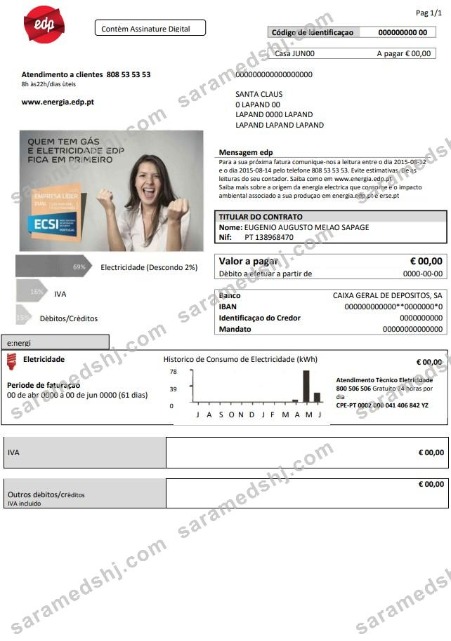 Portugal EDP electricity utility bill template in Word and PDF format